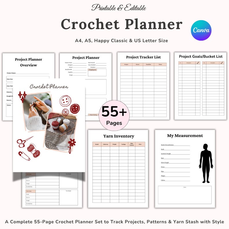 May include: A printable and editable crochet planner with pages for project tracking, yarn inventory, and measurements. The planner includes 55+ pages and is available in A4, A5, Happy Classic, and US Letter sizes. The cover features a photo of crochet items.