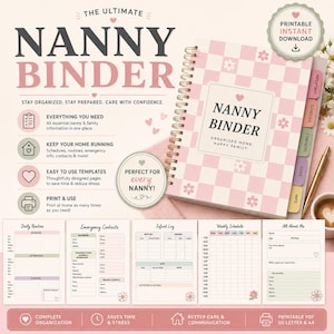 Puede incluir: Una carpeta para niñeras con encuadernación en espiral, cubierta de cuadros rosas y blancos y pequeños iconos de flores. Incluye pestañas etiquetadas para importante, horario, contactos, registros e info. Cinco páginas muestran plantillas.