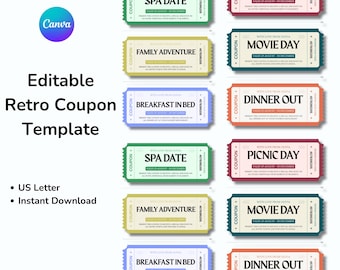 Editable Retro Romantic Coupons Template, Anniversary Last Minute Gift For Her, Birthday Voucher, Love Coupon Book Printable, Canva Template