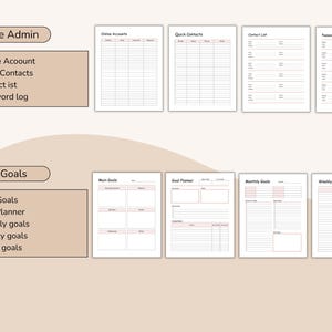 May include: A collection of printable planner pages with headings like "Life Admin" and "Goals." The pages include sections for online accounts, quick contacts, password logs, main goals, goal planning, and monthly and weekly goals. The pages have a pink and white color scheme.