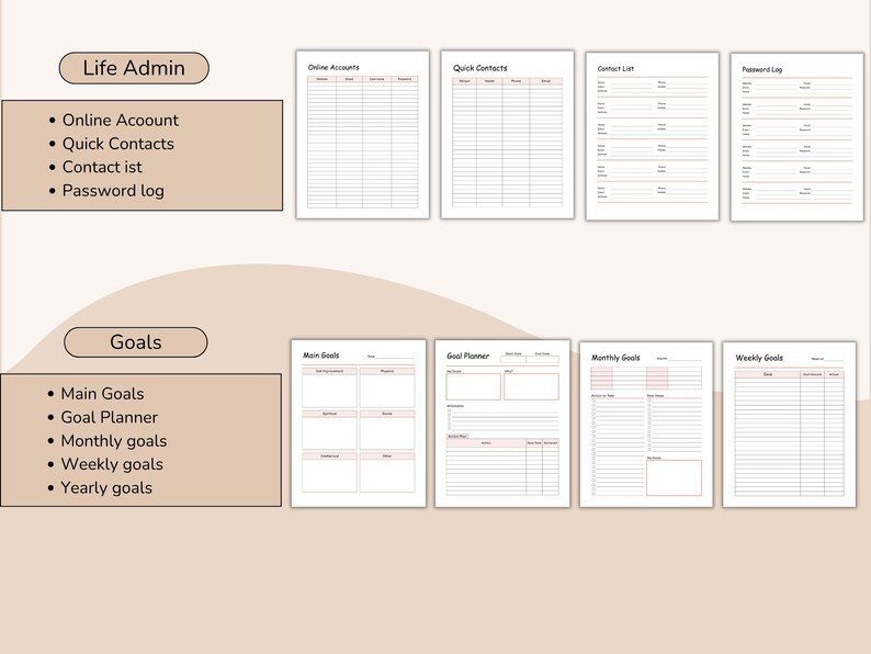 May include: A collection of printable planner pages with headings like "Life Admin" and "Goals." The pages include sections for online accounts, quick contacts, password logs, main goals, goal planning, and monthly and weekly goals. The pages have a pink and white color scheme.