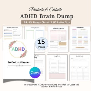 Editable ADHD Brain Dump Canva Template, Printable Focus Planner, Priority Matrix, Concept Map, ADHD To Do List PDF, Bare Minimum, Burnout