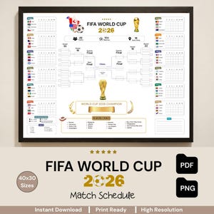 Può includere: Un poster incorniciato con il calendario delle partite della Coppa del Mondo FIFA 2026, completo di tabellone del torneo, tabelle dei gruppi con bandiere nazionali, una mappa del Nord America e il trofeo. Include 48 squadre, 104 partite e 16 città.