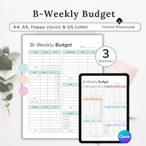 Può includere: Un pianificatore di budget bisettimanale digitale con il titolo "B-Weekly Budget" in un font moderno. L'immagine mostra una versione stampata, un tablet che mostra il budget e una grafica che indica che sono disponibili tre versioni. Il pianificatore include sezioni per entrate, bollette e spese.