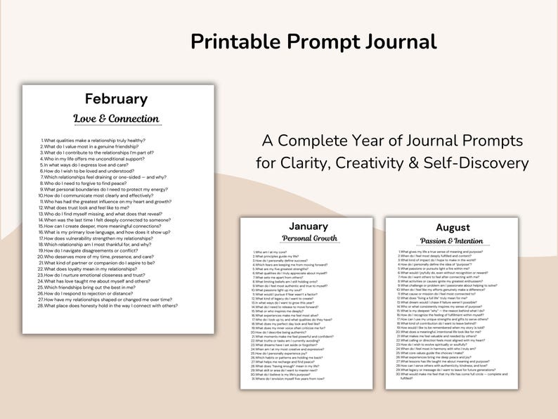 May include: Printable prompt journal with prompts for clarity, creativity, and self-discovery. The journal includes prompts for February, January, and August. The February section focuses on love and connection, January on personal growth, and August on passion and intention.