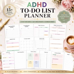 May include: An ADHD to-do list planner with 15+ pages of productivity tools. The planner includes various templates like morning and evening routines, daily and weekly to-do lists, monthly goals, a priority matrix, and a cleaning checklist.