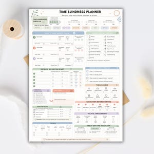 May include: A Time Blindness Planner sheet with a white background and pastel-colored sections. It includes fields for task names, time estimates, energy levels, time anchors, and reflection prompts to help manage daily tasks and time awareness.