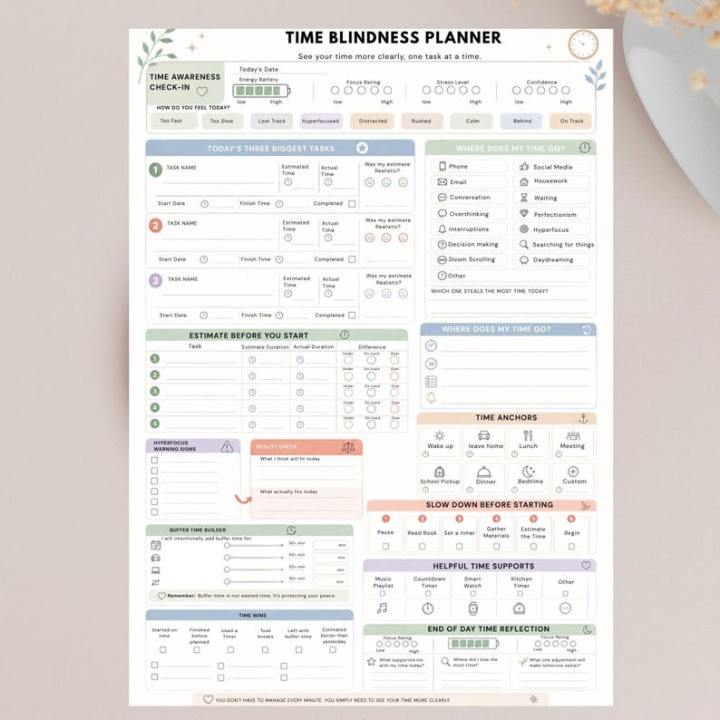 May include: A Time Blindness Planner sheet featuring sections for Time Awareness Check-in, Today's Three Biggest Tasks, Estimate Before You Start, Time Anchors, Slow Down Before Starting, Helpful Time Supports, and End of Day Time Reflection.