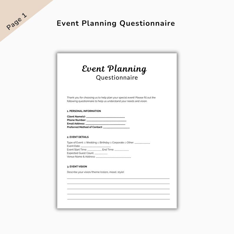 Event Planning Questionnaire Template, Event Planner Forms, Event ...