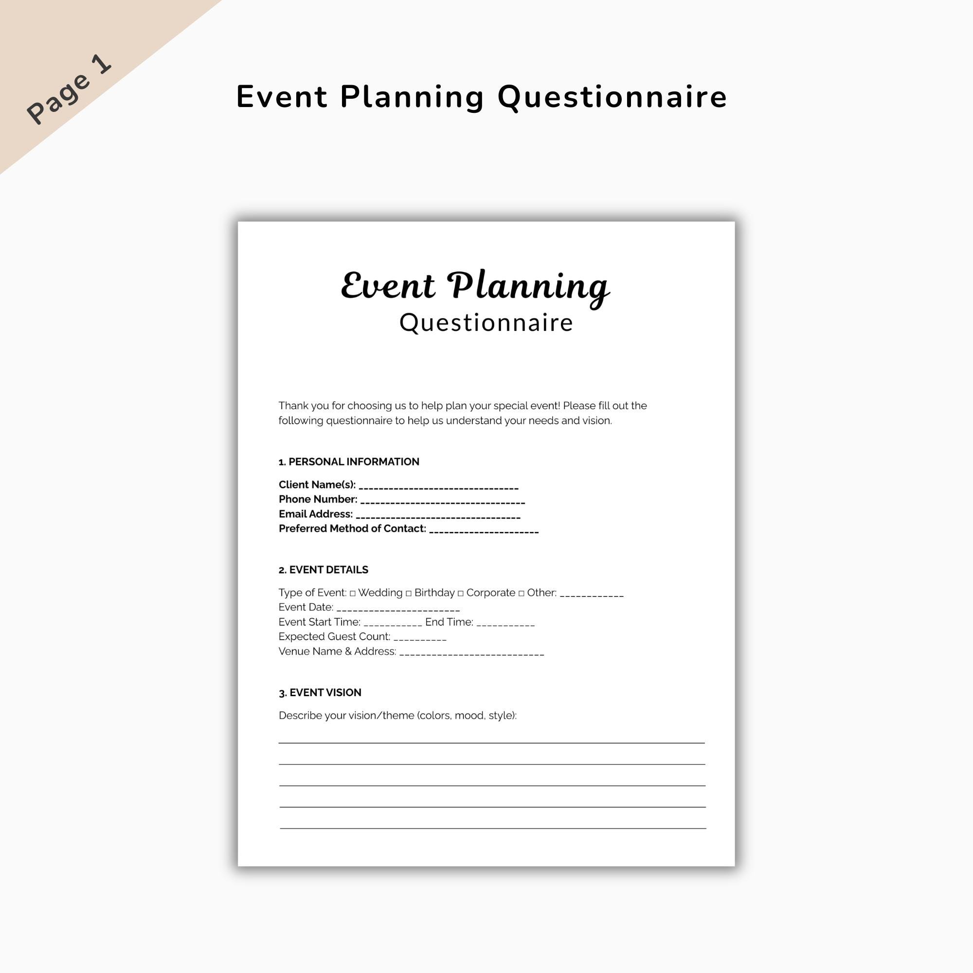 Event Planning Questionnaire Template, Event Planner Forms, Event ...