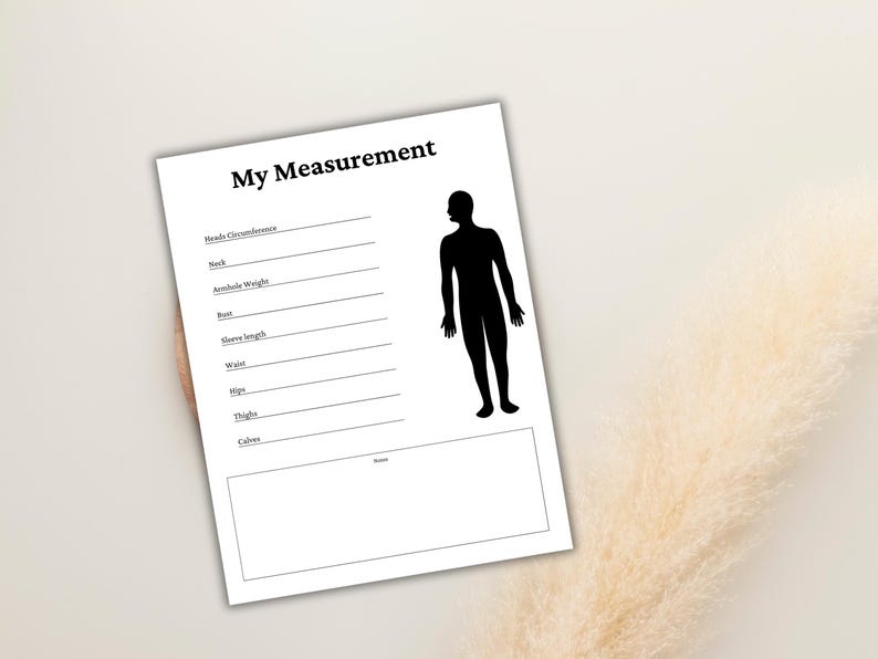 May include: A white sheet of paper with the title "My Measurement" printed in black. The sheet includes lines for recording body measurements such as neck, bust, and waist. A black silhouette of a person is on the right side.