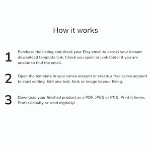 K&ouml;nnte beinhalten: Wei&szlig;es Grafik mit dem Titel "How it works" und nummerierten Schritten. Schritt 1: Kaufen Sie das Angebot und &uuml;berpr&uuml;fen Sie Ihre Etsy-E-Mail. Schritt 2: &Ouml;ffnen Sie die Vorlage in Canva. Schritt 3: Laden Sie als PDF, JPEG oder PNG herunter.