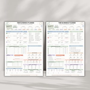 May include: Two identical Time Blindness Planner sheets featuring a structured layout with sections for time awareness check-ins, task tracking, time estimation, time anchors, and end-of-day reflections, printed in soft pastel colors on white paper.