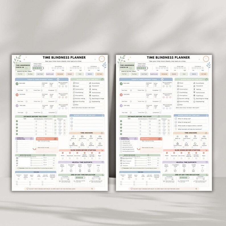 May include: Two identical Time Blindness Planner sheets featuring a structured layout with sections for time awareness check-ins, task tracking, time estimation, time anchors, and end-of-day reflections, printed in soft pastel colors on white paper.