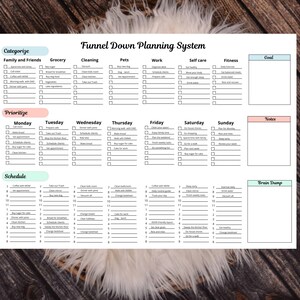 May include: A white planner titled "Funnel Down Planning System" with sections for categorization, prioritization, and scheduling. The planner includes checkboxes for tasks related to family, grocery, cleaning, pets, work, self-care, and fitness.