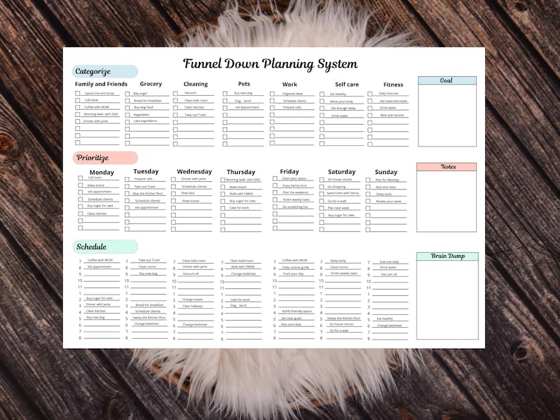 May include: A white planner titled "Funnel Down Planning System" with sections for categorization, prioritization, and scheduling. The planner includes checkboxes for tasks related to family, grocery, cleaning, pets, work, self-care, and fitness.