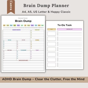 May include: A digital Brain Dump planner template featuring two white pages with black text and colorful headers. The left page includes sections for random thoughts, to-do lists, calls, texts, emails, ideas, and reminders. The right page has a date box and a checklist.