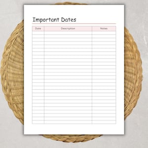 May include: A white sheet of paper with the title "Important Dates" at the top. The paper has a pink header with columns for Date, Description, and Notes. The paper is placed on a woven, circular, brown placemat.