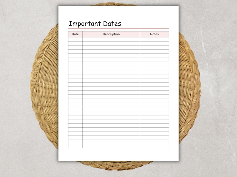 May include: A white sheet of paper with the title "Important Dates" at the top. The paper has a pink header with columns for Date, Description, and Notes. The paper is placed on a woven, circular, brown placemat.