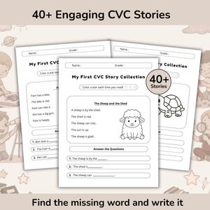 Puede incluir: Una colección de hojas de trabajo educativas tituladas My First CVC Story Collection, con texto en blanco y negro e ilustraciones de una oveja y una tortuga. Cada página incluye espacios para nombre, grado, estrellas de lectura y preguntas.