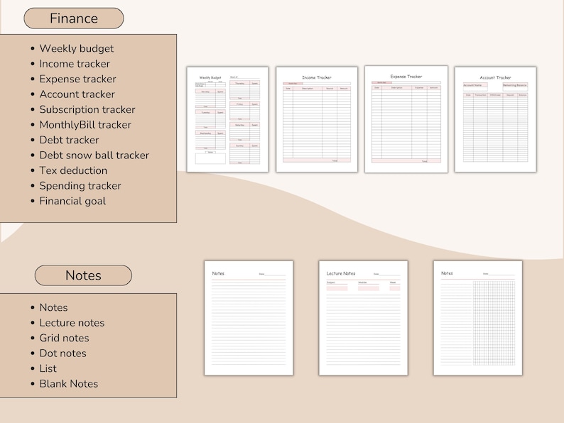 May include: A collection of printable finance and note-taking templates. The finance section includes trackers for weekly budgets, income, expenses, and debt. The notes section offers options for lecture, grid, and dot notes. The templates are on white paper with pink accents.