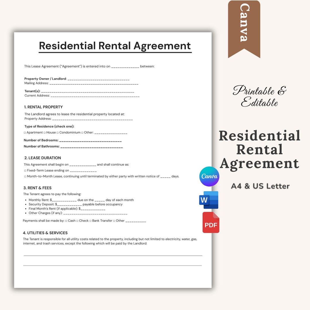 Residential Rental Agreement Template, Lease Agreement Form, Landlord ...