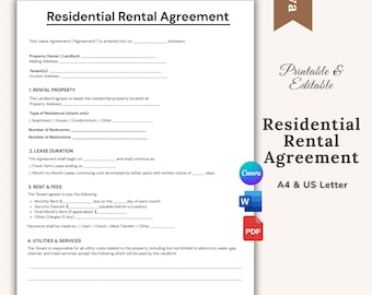 Residential Rental Agreement Template, Lease Agreement Form, Landlord Forms, Residential Housing Contract, Rental Property, MS Word & Canva