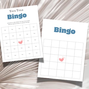 May include: Two white Bingo game sheets with blue text and a pink heart graphic. One sheet has the title "Your Title" and instructions. The word "Bingo" is in a large, stylized font. The other sheet has the word "Bingo" and a heart graphic.