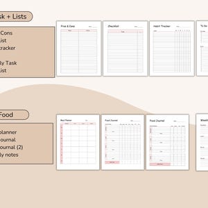 May include: A collection of printable planner pages with a light beige background. The pages are organized into "Task + Lists" and "Food" sections, including checklists, habit trackers, and meal planners. The text is in black and the headers are in a light pink color.