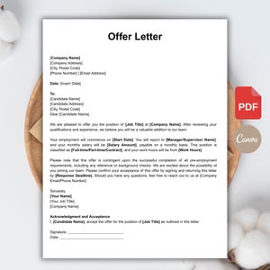 Peut inclure: Un modèle de lettre d'offre blanc intitulé « Lettre d'offre ». Le document comprend des espaces réservés pour les informations sur l'entreprise et le candidat, les détails du poste et les signatures d'acceptation. Une icône PDF et un logo Canva sont visibles.