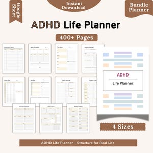 Könnte beinhalten: Ein digitaler ADHD Life Planner mit über 400 Seiten, erhältlich in 4 Größen. Der Planer enthält Abschnitte für wichtige Daten, Arbeitsfortschritte und Tagesplanung. Das Cover zeigt den Text "ADHD Life Planner".