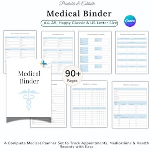 May include: A white medical binder with a light blue caduceus symbol and the words "Medical Binder." The binder includes pages for tracking appointments, insurance info, and medical summaries. The text "90+ Pages" is also visible.