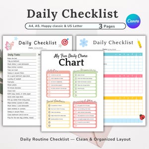 May include: A set of three printable daily checklists with colorful designs. The checklists include sections for daily tasks, a fun chore chart, and a weekly planner. The text includes "Daily Checklist" and "My Fun Daily Chore Chart".