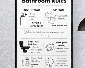 Funny Bathroom Rules Poster Printable, Fun Bathroom Rules Print, Toilet Rules Sign Board, Canva Template, Digital Download