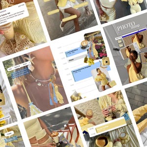 Op de afbeelding: Een collage van afbeeldingen met een zachte gele esthetiek. De afbeeldingen bevatten een koffiedrank, een camera, een vrouw in gele kleding en tekstballonnen. De tekstballonnen zeggen "From future me" en "PHOTO dump".