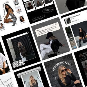 Op de afbeelding: Een collage van afbeeldingen, voornamelijk in zwart-wit, met vrouwen in verschillende poses. Tekstoverlays bevatten zinnen als "FOR SOCIAL MEDIA" en "AESTHETIC FEED." De afbeeldingen suggereren mode- en lifestyle-inhoud, met tekst zoals "HOW to stand out in the digital market."