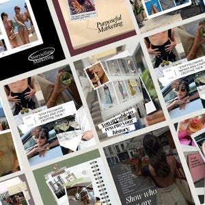 Op de afbeelding: Een collage van lifestyle-afbeeldingen, waaronder mode, cocktails en marketingmateriaal. De afbeeldingen bevatten tekst zoals "Storytelling Marketing" en "Purposeful Marketing". Er zijn ook afbeeldingen van mensen en drankjes.