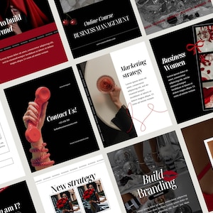 Op de afbeelding: Een collage van marketing- en zakelijke afbeeldingen in zwart, wit en rood. De afbeeldingen bevatten tekst als "How to build a brand", "Business Management" en "Marketing strategy". Andere afbeeldingen tonen een hand die een rode telefoon vasthoudt en een vrouw die een glas vasthoudt.