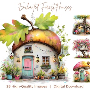 Förtrollade skogshus Clipart – Akvarell Woodland Cottagecore Homes (digital nedladdning)