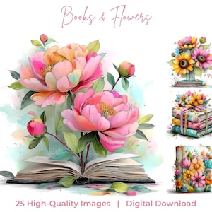 Libros de acuarela y clipart de flores, ilustraciones florecientes (descarga digital)