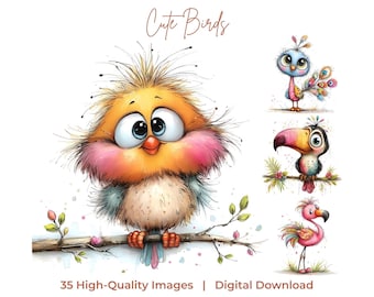 Conjunto de imágenes prediseñadas de pájaros en acuarela, 35 ilustraciones originales (descarga digital)