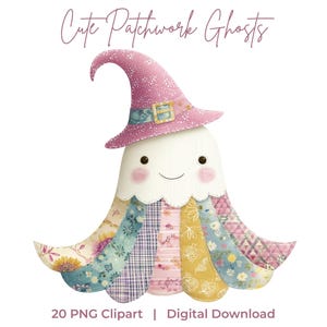 May include: A whimsical illustration of a ghost wearing a pink patchwork witch hat with a gold buckle. The ghost's body is made of colorful patchwork fabric. The text "Cute Patchwork Ghosts" is at the top, and "20 PNG Clipart | Digital Download" is at the bottom.