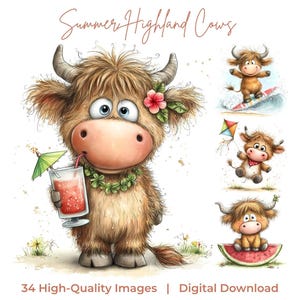 May include: A watercolour illustration of cartoon Highland cows. One cow drinks a cocktail, others surf, fly a kite, and sit on watermelon. The image includes the text "Summer Highland Cows" and "34 High-Quality Images | Digital Download". The style is whimsical and colourful.