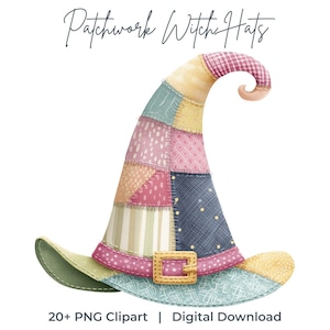 May include: A patchwork witch hat in various colours, including pink, blue, yellow, and green. The hat has a curved tip and a gold buckle. The text at the top reads "Patchwork Witch Hats".