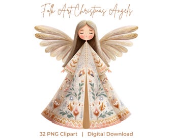 Watercolor Christmas Angel Clipart Bundle: 32 PNG Files (Digital Download)
