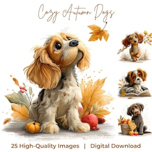 Puede incluir: Una colección digital titulada Cozy Autumn Dogs que presenta 25 imágenes de alta calidad de varios cachorros rodeados de elementos otoñales como calabazas naranjas, manzanas rojas y hojas de arce doradas en ilustraciones.