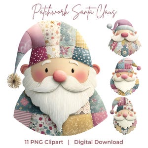 Può includere: Un'illustrazione digitale di un Babbo Natale Patchwork con barba bianca, guance rosee e cappello e cappotto patchwork. L'immagine include quattro diversi disegni di Babbo Natale e il testo "11 PNG Clipart | Digital Download".