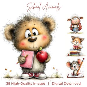 Puede incluir: Una ilustración digital titulada School Animals que muestra un oso grande y peludo con un cuaderno rosa, un lápiz amarillo y una manzana roja, usando zapatillas rojas. Otras imágenes muestran una oveja, un zorro sobre libros y un ratón.