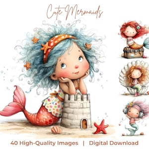 Pode incluir: Ilustração em aquarela com várias sereias fofas. Uma sereia com cabelo azul e uma faixa vermelha se apoia em um castelo de areia. Outras sereias são mostradas com cabelo vermelho e rosa. O texto diz "Cute Mermaids" e "40 High-Quality Images | Digital Download."