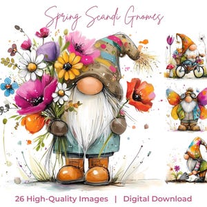 Puede incluir: Ilustraciones en acuarela de gnomos de primavera. La imagen principal presenta un gnomo sosteniendo un ramo de flores coloridas. Otras imágenes muestran gnomos en bicicleta, con alas de mariposa y jardinería. El texto dice "Spring Scandi Gnomes" y "26 High-Quality Images | Digital Download."